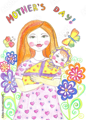 Baby and a happy mother- hand drawn