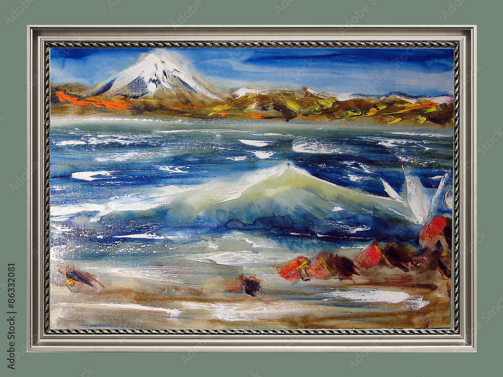Kamchatka volcano, seaside. Oil on canvas