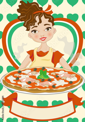 Pizza - Pizzaiola italiana con simboli tricolore e banner per testo