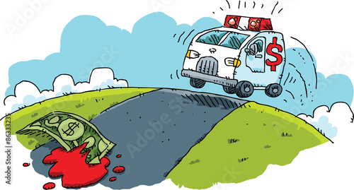 A cartoon ambulance races to rescue a dollar bill that lies injured and bleeding on a road after an accident.