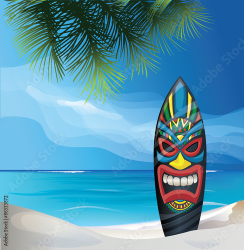 Tiki warrior mask design surfboard on ocean beach