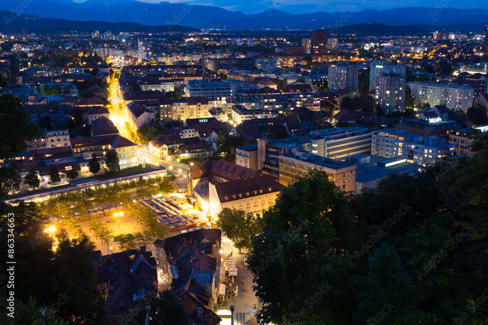 Ljubljana, Slovenia - June 22, 2015. Twilight view of the city from the hill.