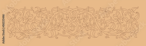 Floral ornament in medieval style. Pattern of interwoven stems, foliage and flowers. Vector frame, elegant vignette, design element and page decoration