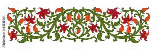 Floral ornament in medieval style. Pattern of interwoven stems, foliage and flowers. Vector frame, elegant vignette, design element and page decoration