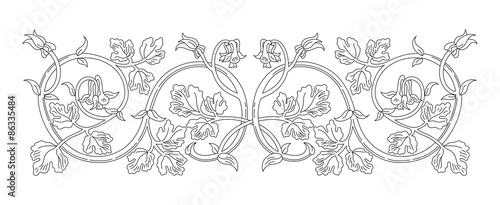 Floral ornament in medieval style. Pattern of interwoven stems, foliage and flowers. Vector frame, elegant vignette, design element and page decoration