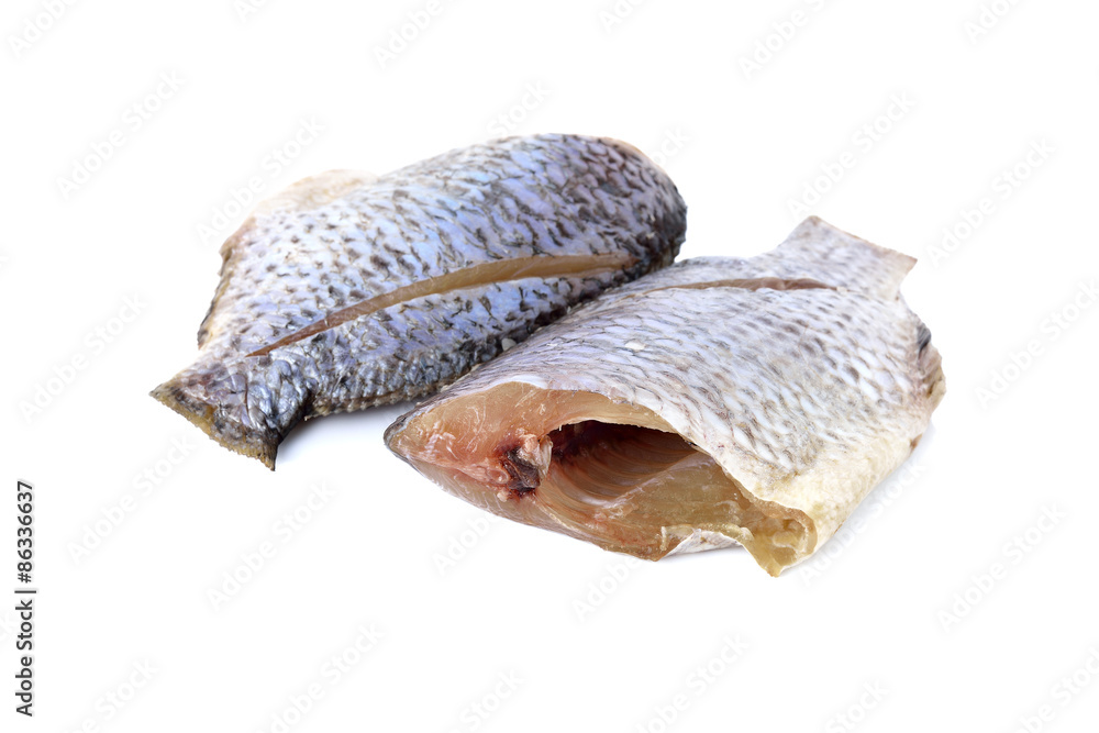 dried Tilapia one sun on white background
