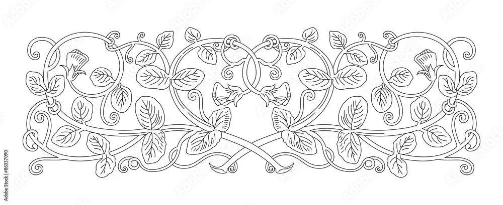 Naklejka premium Floral ornament in medieval style. Pattern of interwoven stems, foliage and flowers. Vector frame, elegant vignette, design element and page decoration