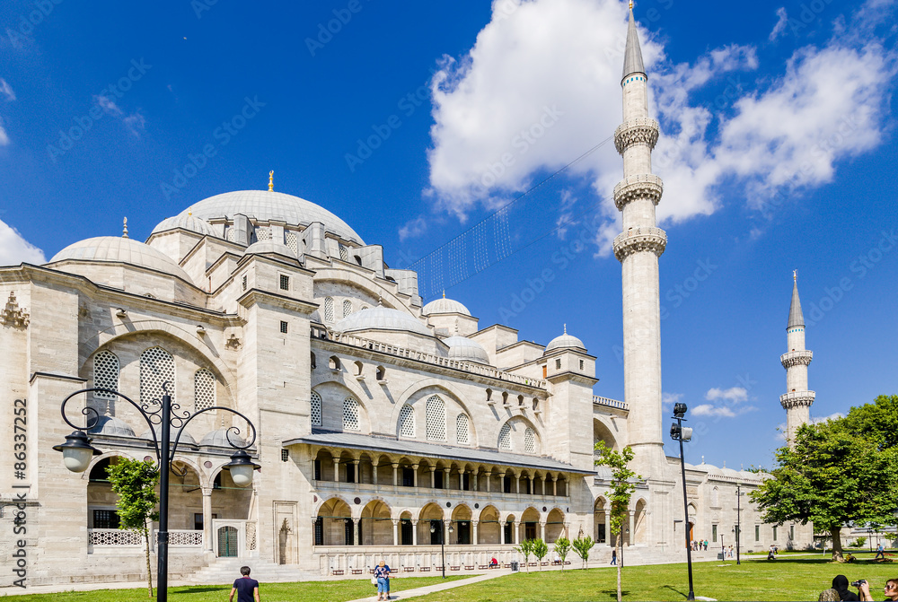 Istanbul, Turkey. Courtyard Suleymaniye Mosque and minarets, 1557