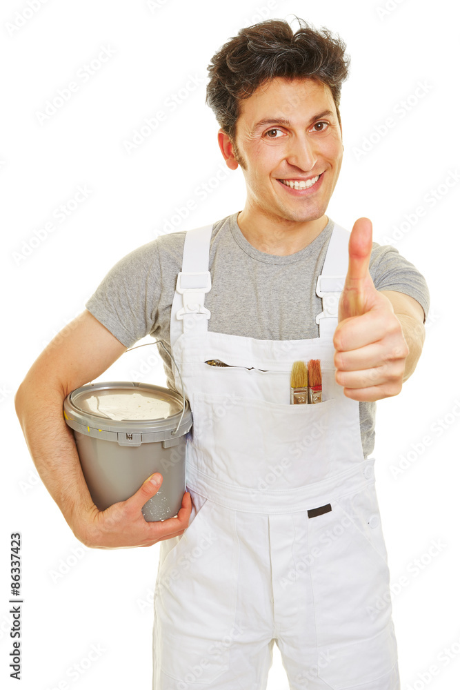 Painter with paint bucket holding thumb up Stock Photo Adobe Stock