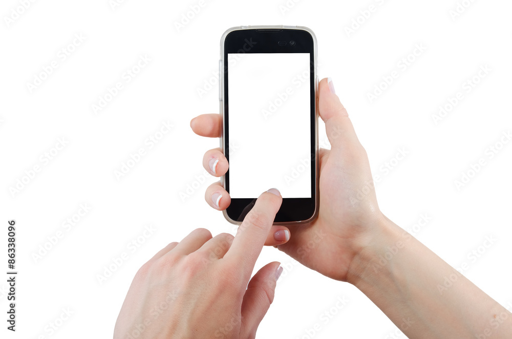 Human hand touching smart phone screen isolated on white background Human hand touching smart phone screen isolated on white background