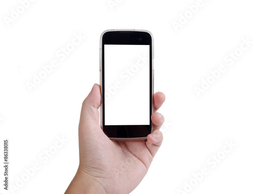Human hand holding cell phone with blank screen