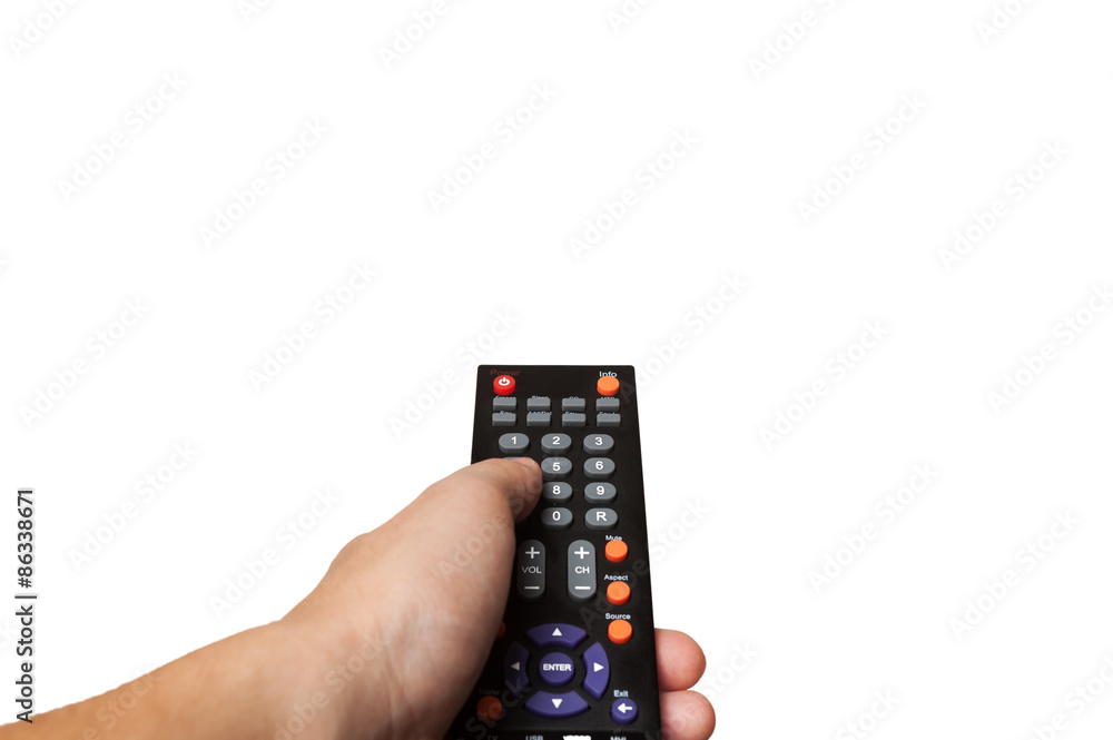 Hand with remote control isolated on white background. color image in horizontal orientation Hand with remote control isolated on white background. color image in horizontal orientation