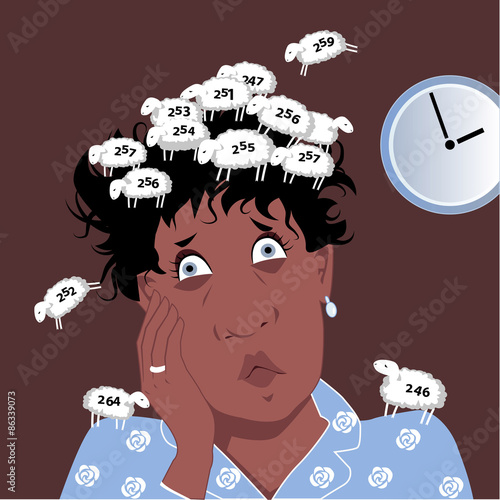 Insomniac middle age black woman covered with a flock of numbered sheep she counted, vector cartoon, no transparencies, EPS 8
