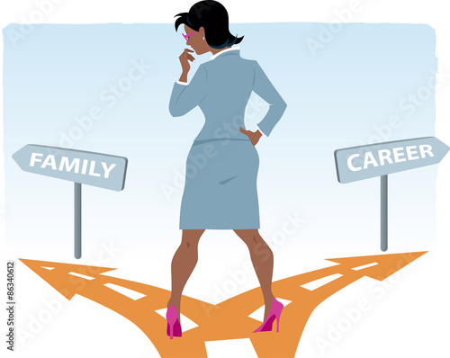 Black woman in a business suit standing at the fork in the road, deciding between career and family, vector illustration, no transparencies, EPS 8