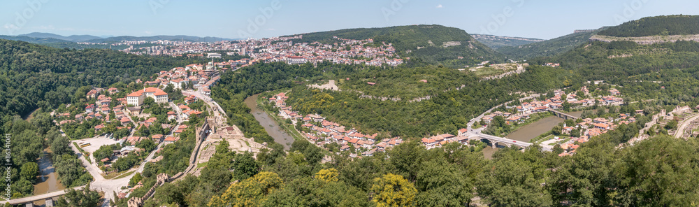 Panorama of Veliko Tarnovo taken from atop restored cathedral in Tsarevets Fortress. Bulgaria.