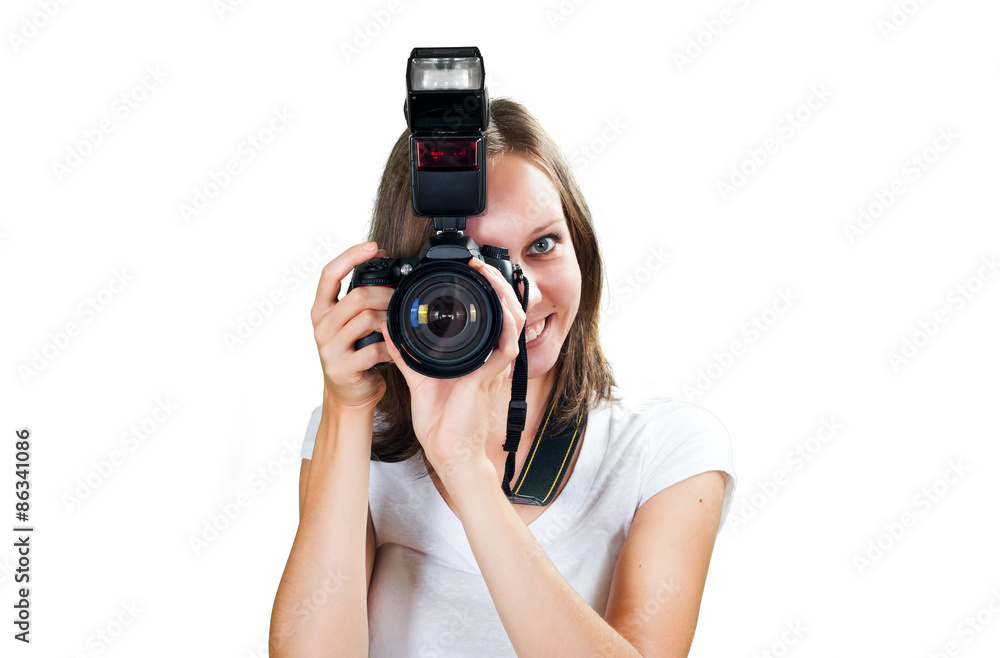 Teenage girl with her digital camera isolated on white background Teenage girl with her digital camera isolated on white background