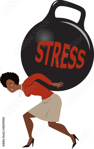 Black woman carrying a giant kettle bell weight with the word stress written on it, vector illustration, EPS 8
