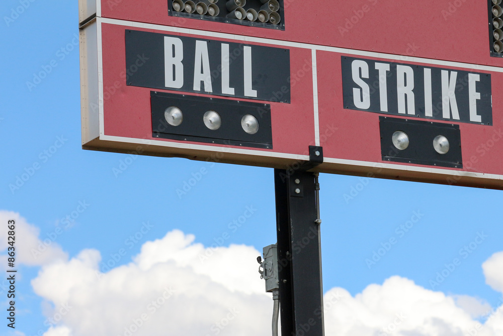 Part of a red scoreboard at a New Mexico softball field that says ball strike Part of a red scoreboard at a New Mexico softball field that says ball strike