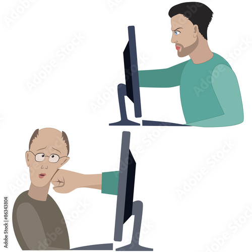 Man fights with another one in forum through the internet. Aggressive chat