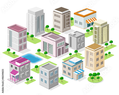 Set of detailed isometric city buildings. 3d vector isometric city