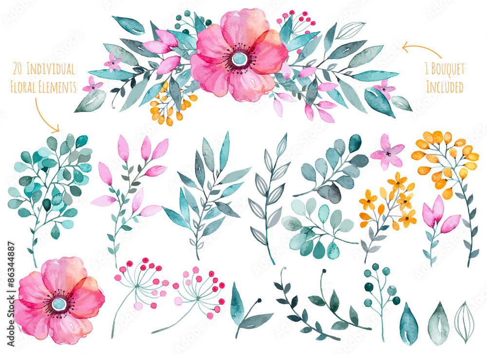 Vector floral set.Colorful purple floral collection with leaves and flowers - obrazy, fototapety, plakaty 