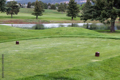 Black striped tee box at a golf course.  The black markers are for expert golfers with low handicap