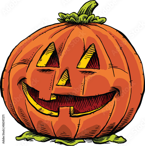 Cartoon of a friendly, round, orange Jack 'O Lantern with a big smile, all ready for Halloween.