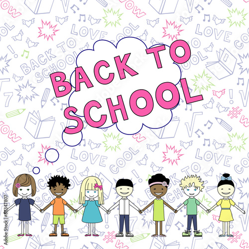 Back to school vector illustration. Decorative students poster. Kids design over notebook background.