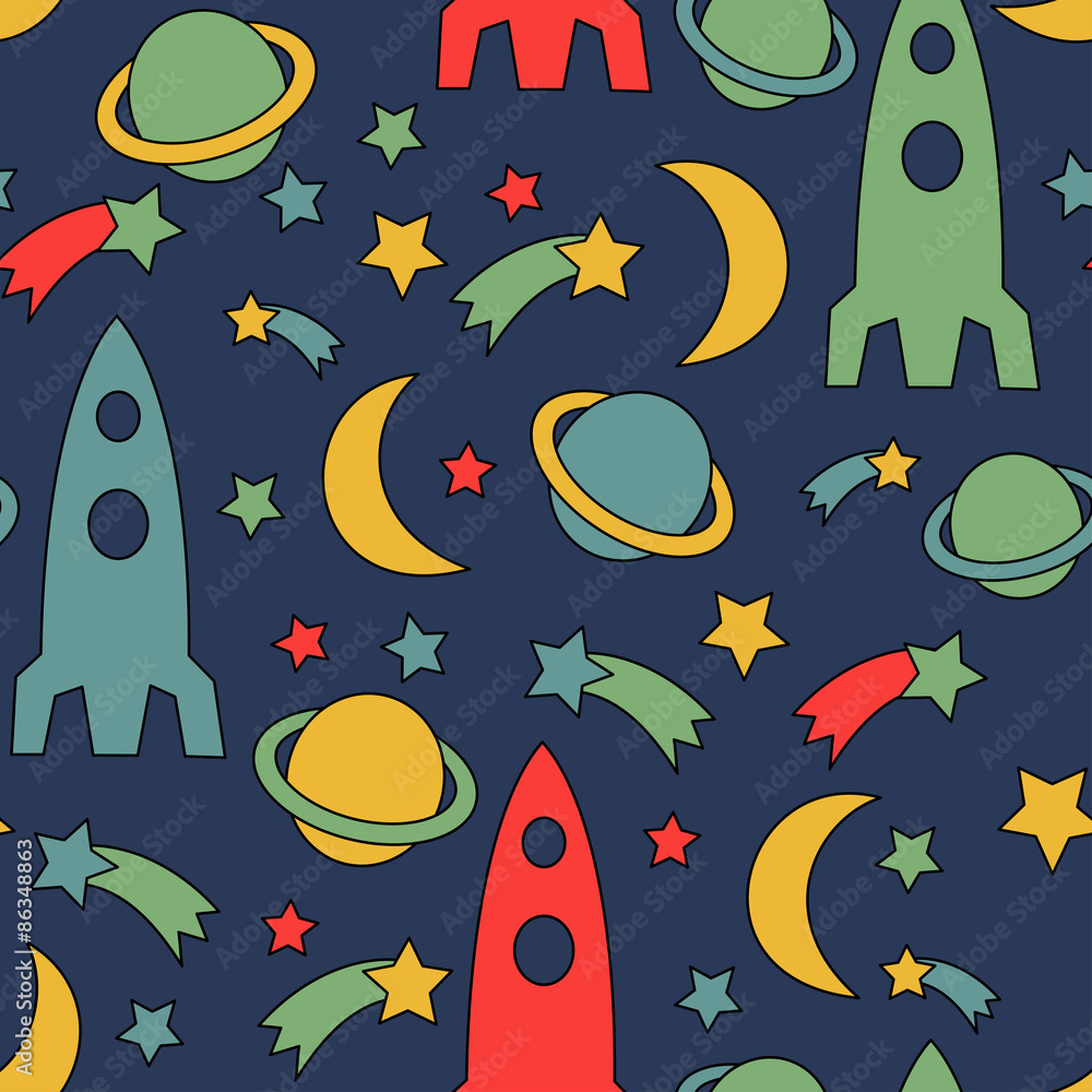 Seamless space pattern. Cosmic background with stars, planet, spaceship ...