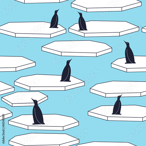 Seamless pattern with penguins and ice floes. Cute nordic landscape background. Arctic vector illustration.