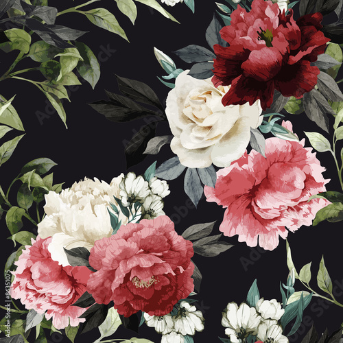 Carta da parati stile francese - Carta da parati Seamless floral pattern with roses, watercolor. Vector illustrat