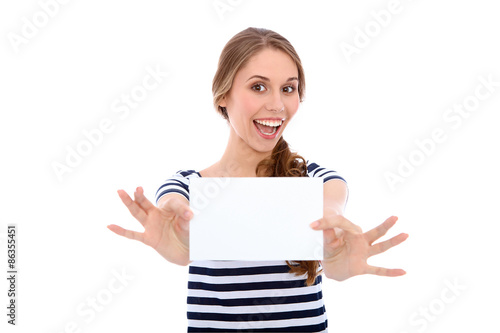 Student girl showing  white blank sheet - copy space, isolated over background