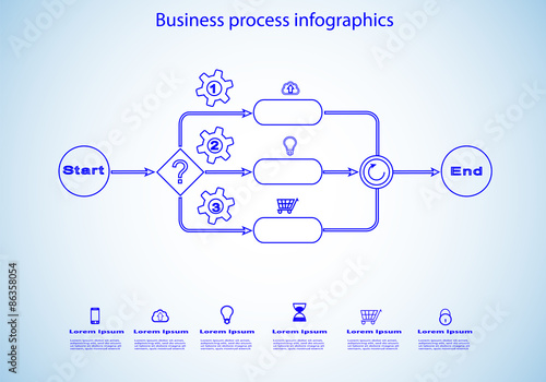vector infographics of business process sketch in blue color with reusable icon set