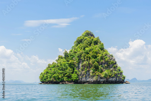 Mountain forest and sea water on White cloud on blue sky