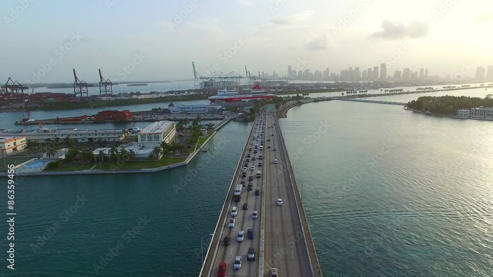 Aerial video Macarthur Casueway Miami ar sunset Aerial video Macarthur Casueway Miami ar sunset