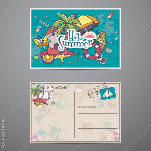 Two sides of a postcard with summer time doodles