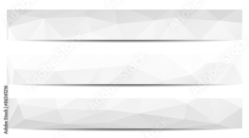 Collection of 3 isolated low polygonal greyscale full banners
