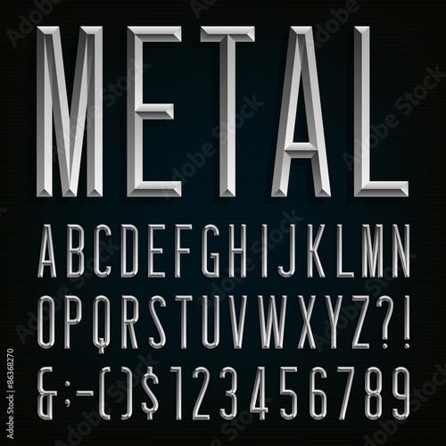 Metal Beveled Narrow Font. Vector Alphabet.
Metal effect beveled narrow letters, numbers and punctuation marks. Stock vector for your headlines, posters etc.