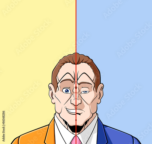 Conceptual illustration about two opposite states of mind, the happiness and the sadness. The face of the man in the middle is divided in the two moods and there is space to write your text.