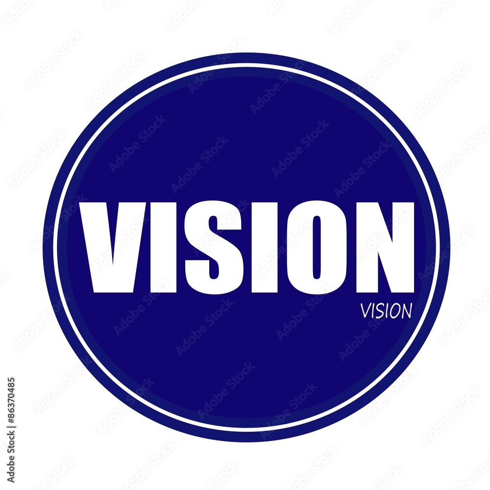 VISION white stamp text on blue