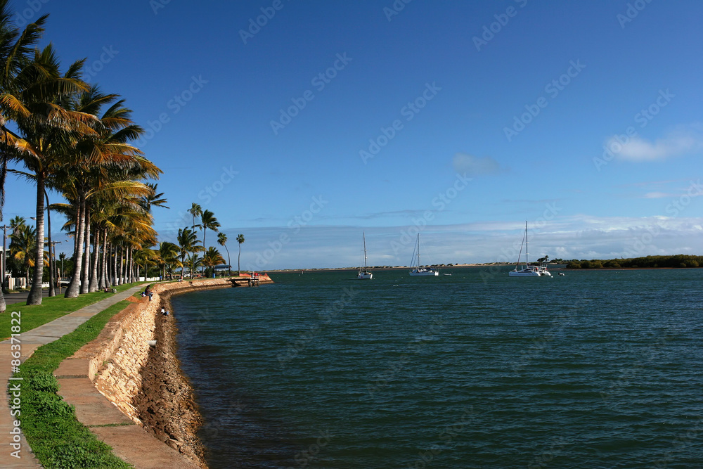 Shore Line Promenade with Sailing Boats and Blue Sky in Carnarvon Western Australia