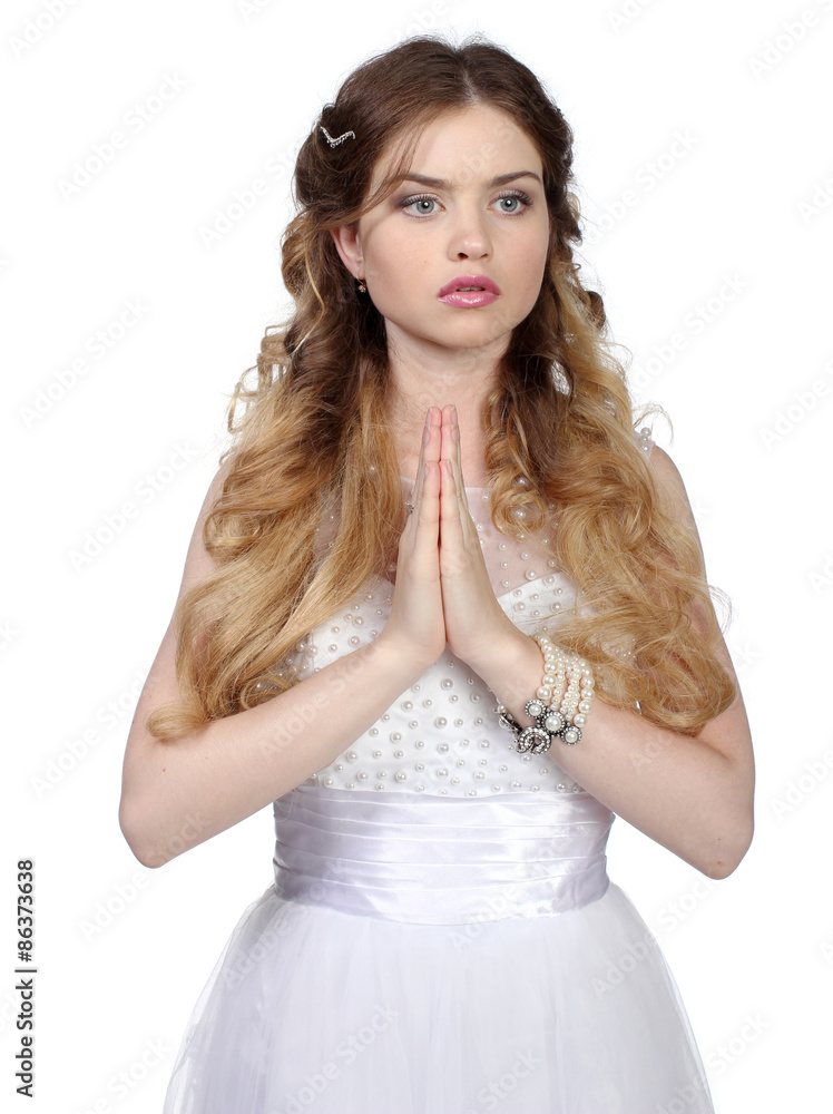 Girl in white wedding dress, isolated