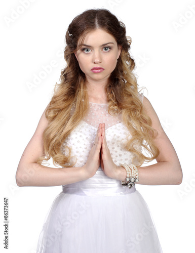 Girl in white wedding dress, isolated