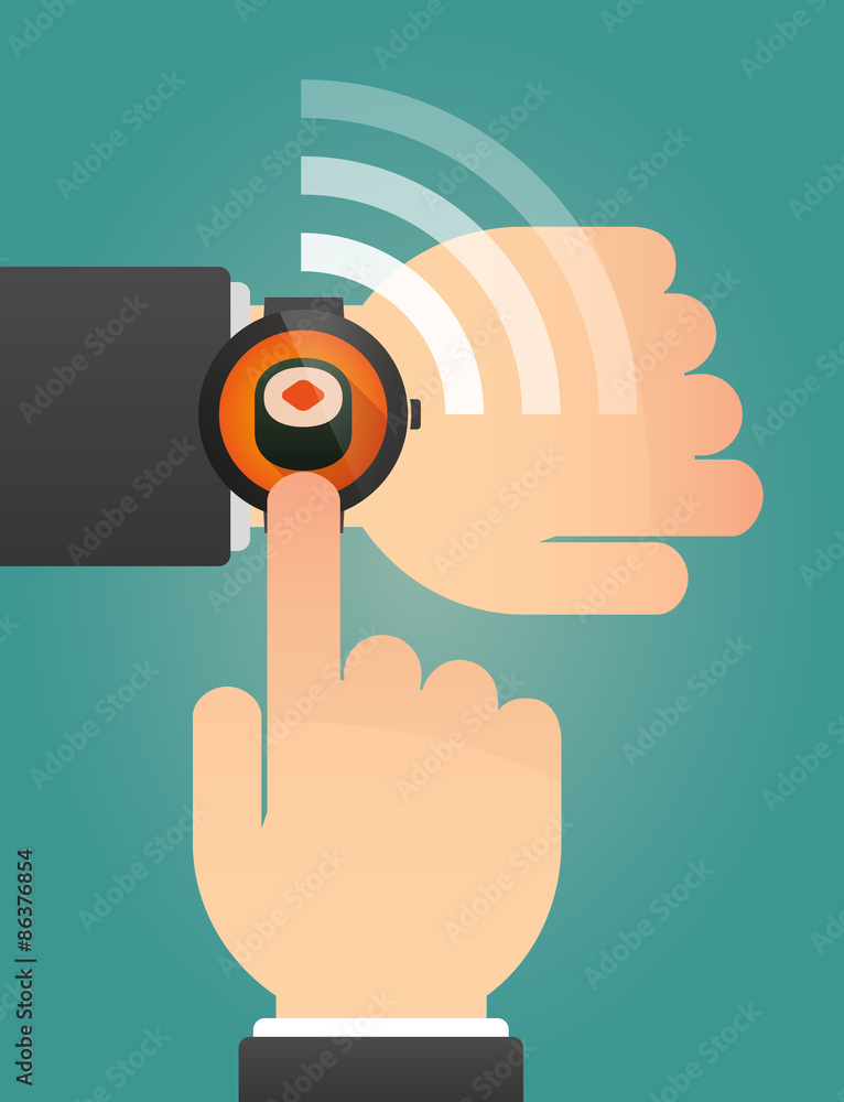 Hand pointing a smart watch with a piece of sushi Hand pointing a smart watch with a piece of sushi