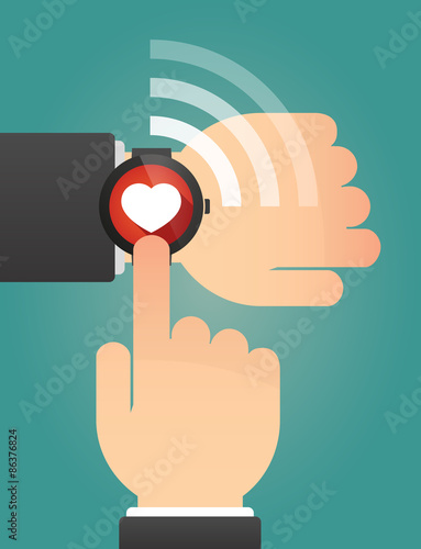 Hand pointing a smart watch with a heart