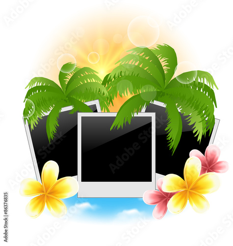 Set photo frame with palms, flowers frangipani, seascape backgro