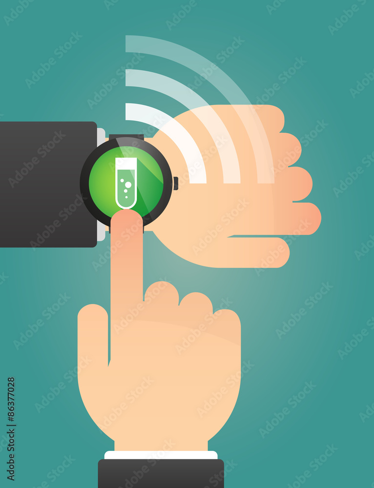 Hand pointing a smart watch with a chemical test tube Hand pointing a smart watch with a chemical test tube