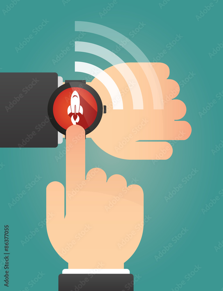 Hand pointing a smart watch with a rocket Hand pointing a smart watch with a rocket