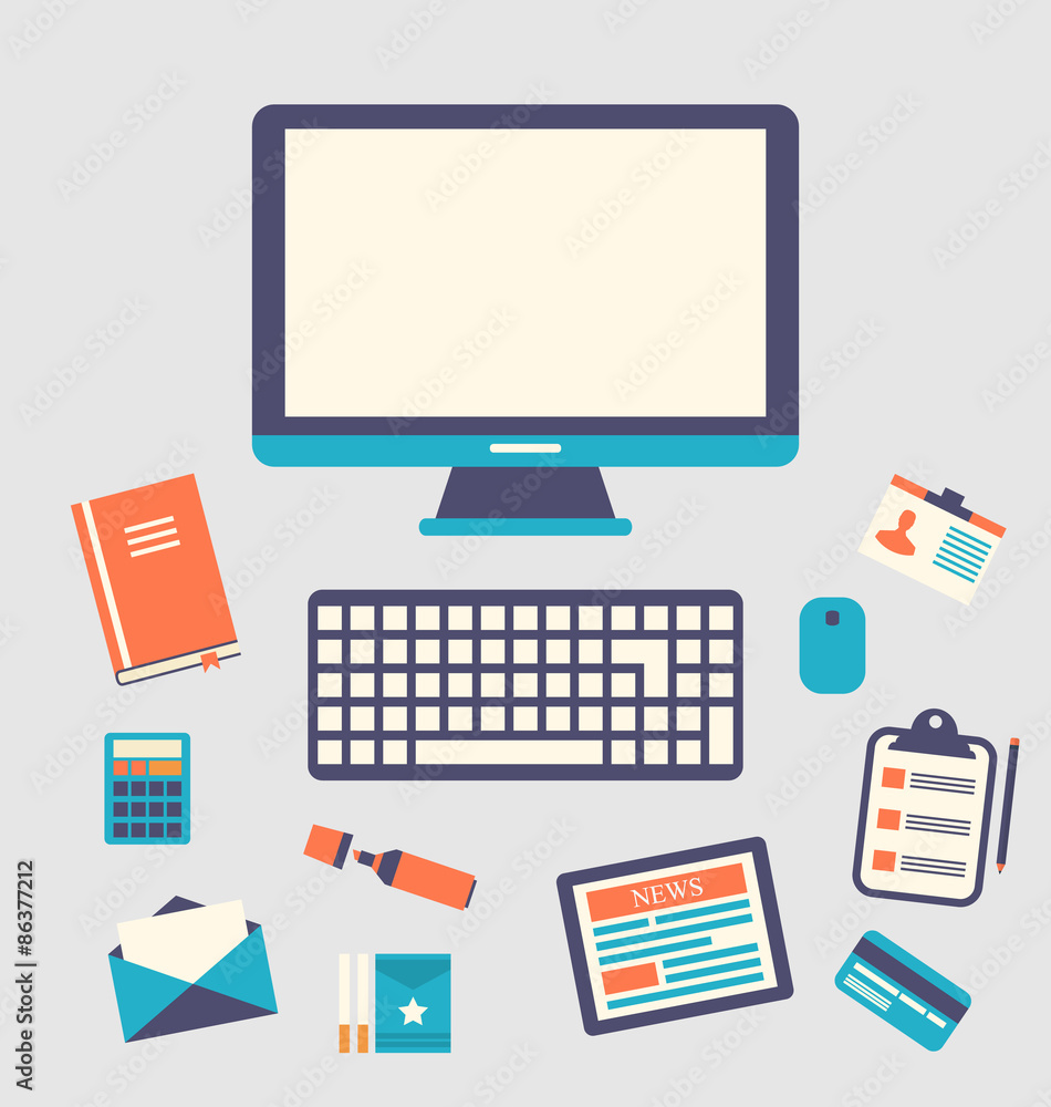 Workplace icons and object, trendy flat minimal style Workplace icons and object, trendy flat minimal style