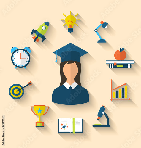 Flat icons of graduation and objects for high school and college